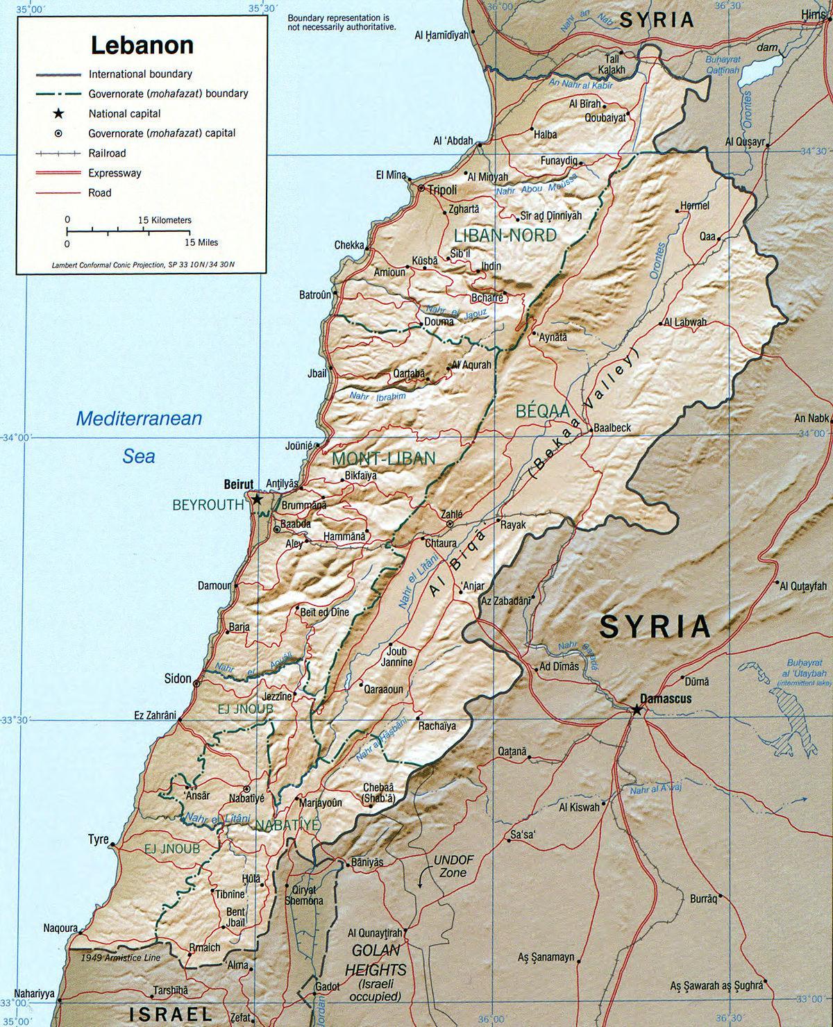 mapa de el Líbano geografía