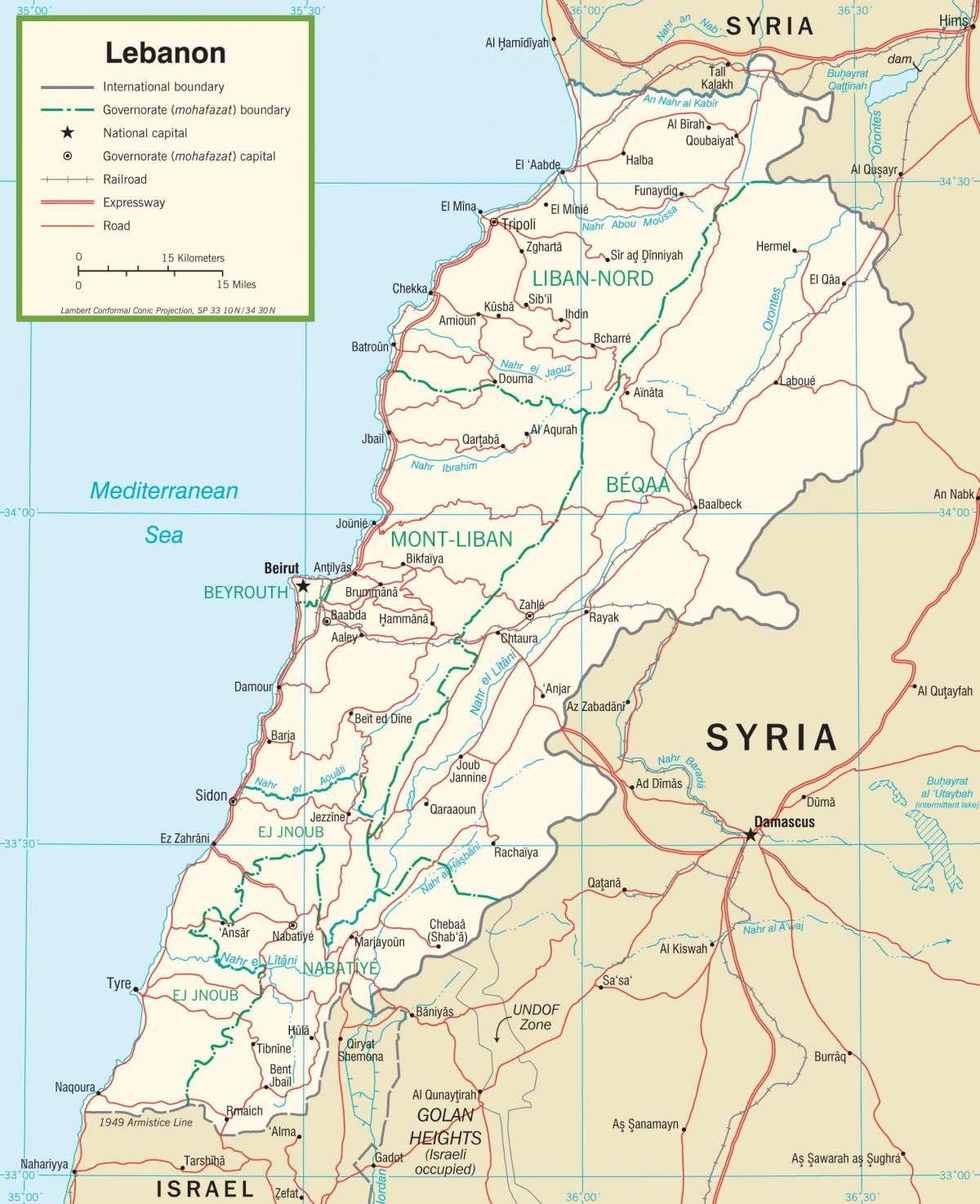 Líbano mapa de carreteras