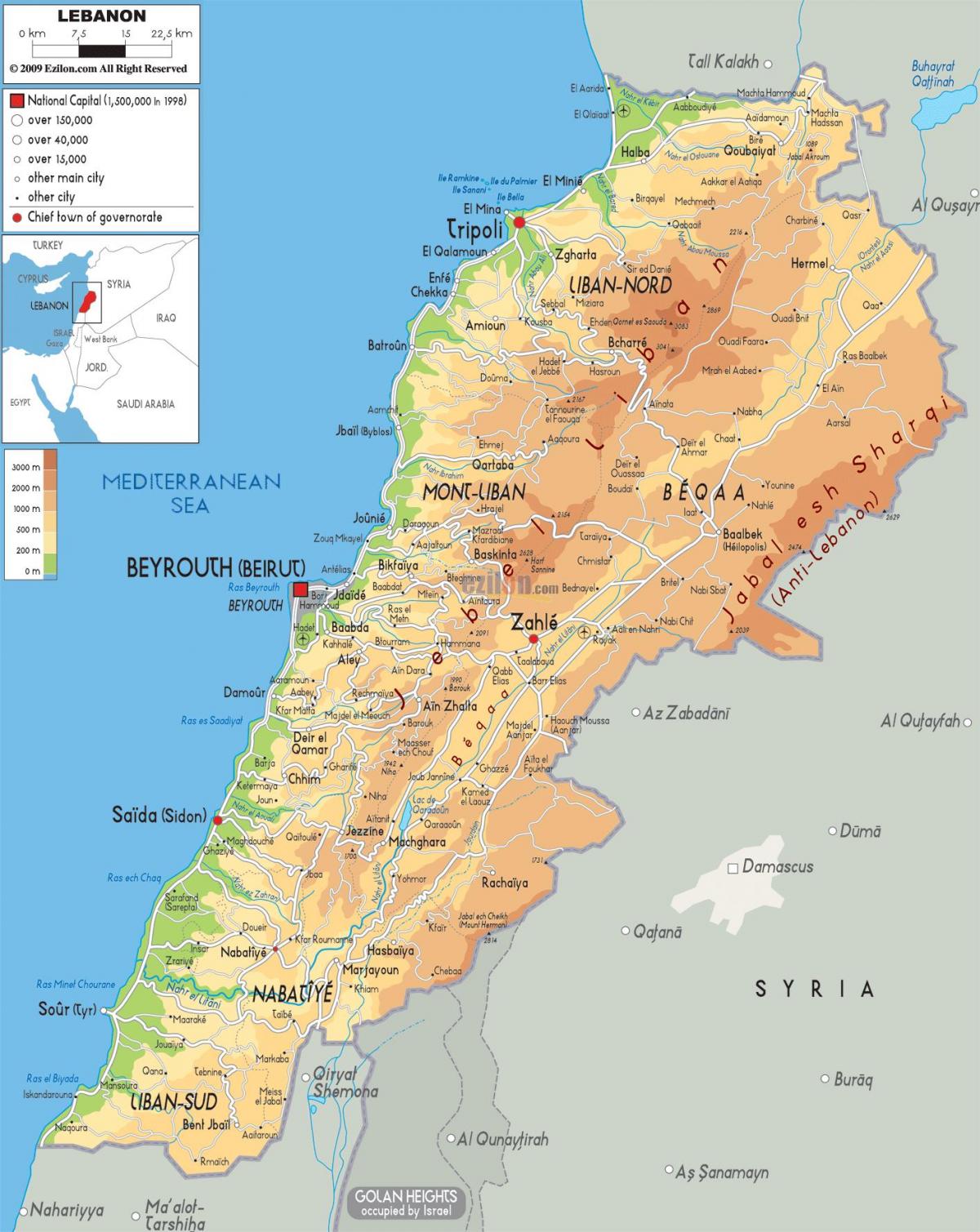 mapa de el Líbano física