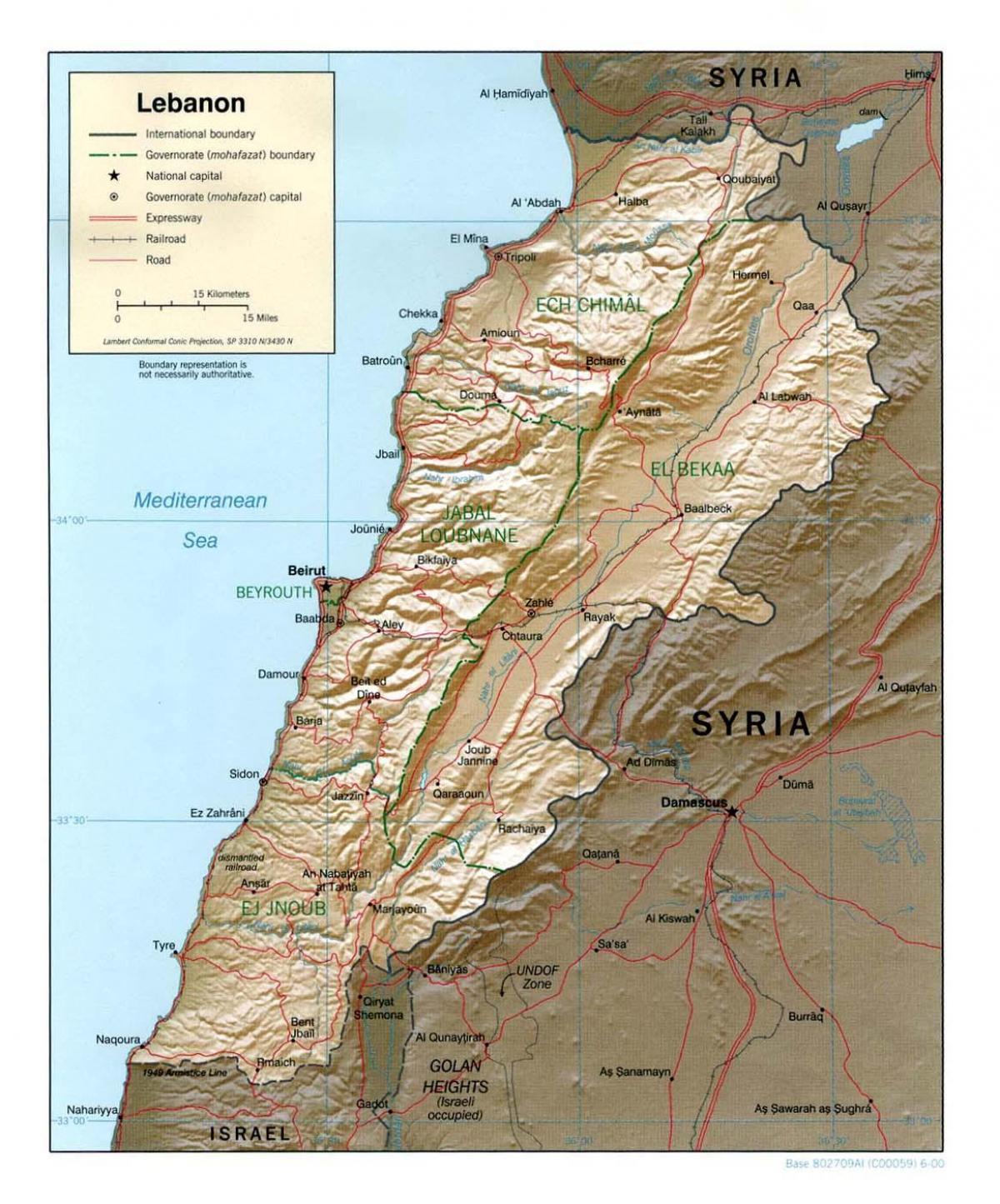 mapa topográfico del Líbano